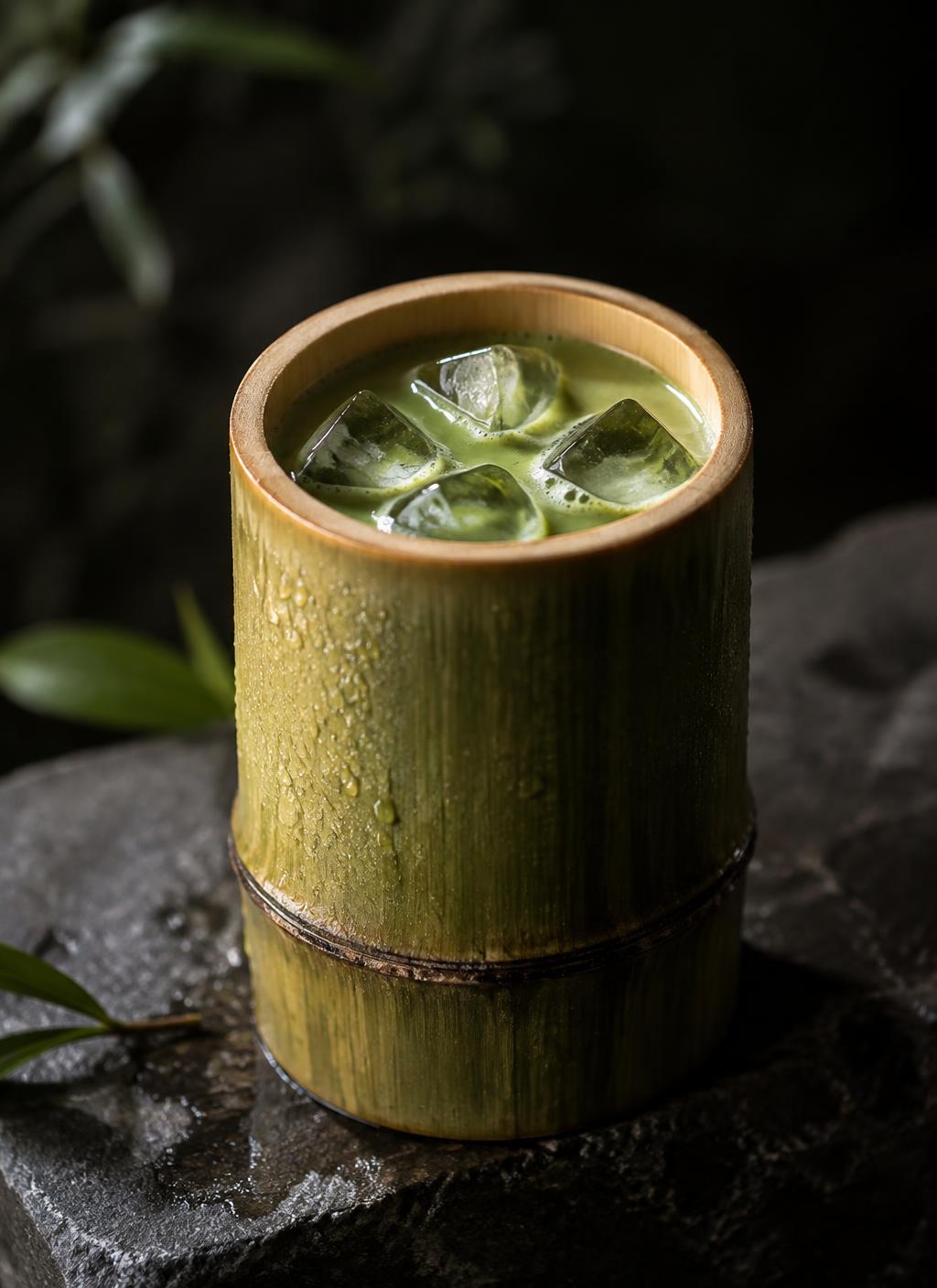 Iced matcha served in natural bamboo