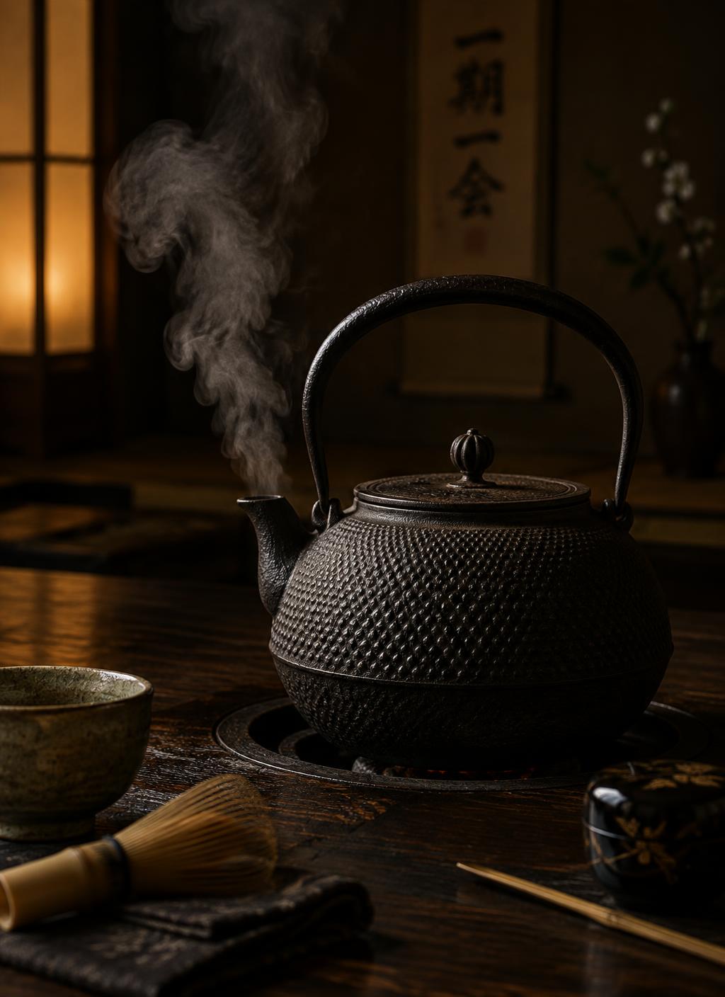 Iron kettle with steam