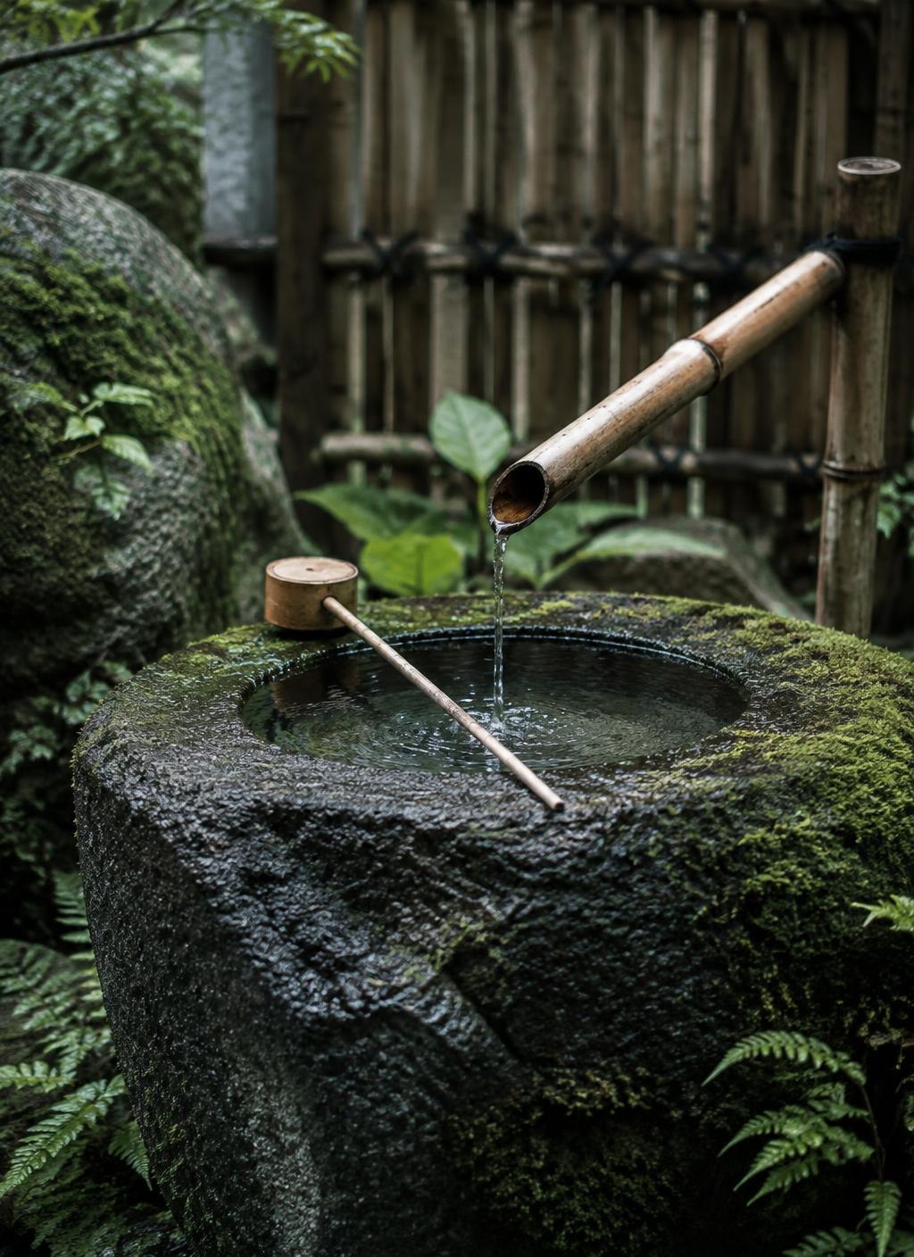 Stone water basin with moss